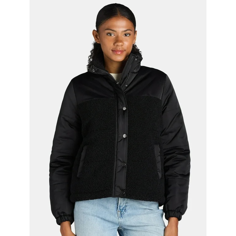 Time and Tru Women's and Women’s Plus Mixed Media Puffer Jacket, Sizes XS-3X | Walmart (US)