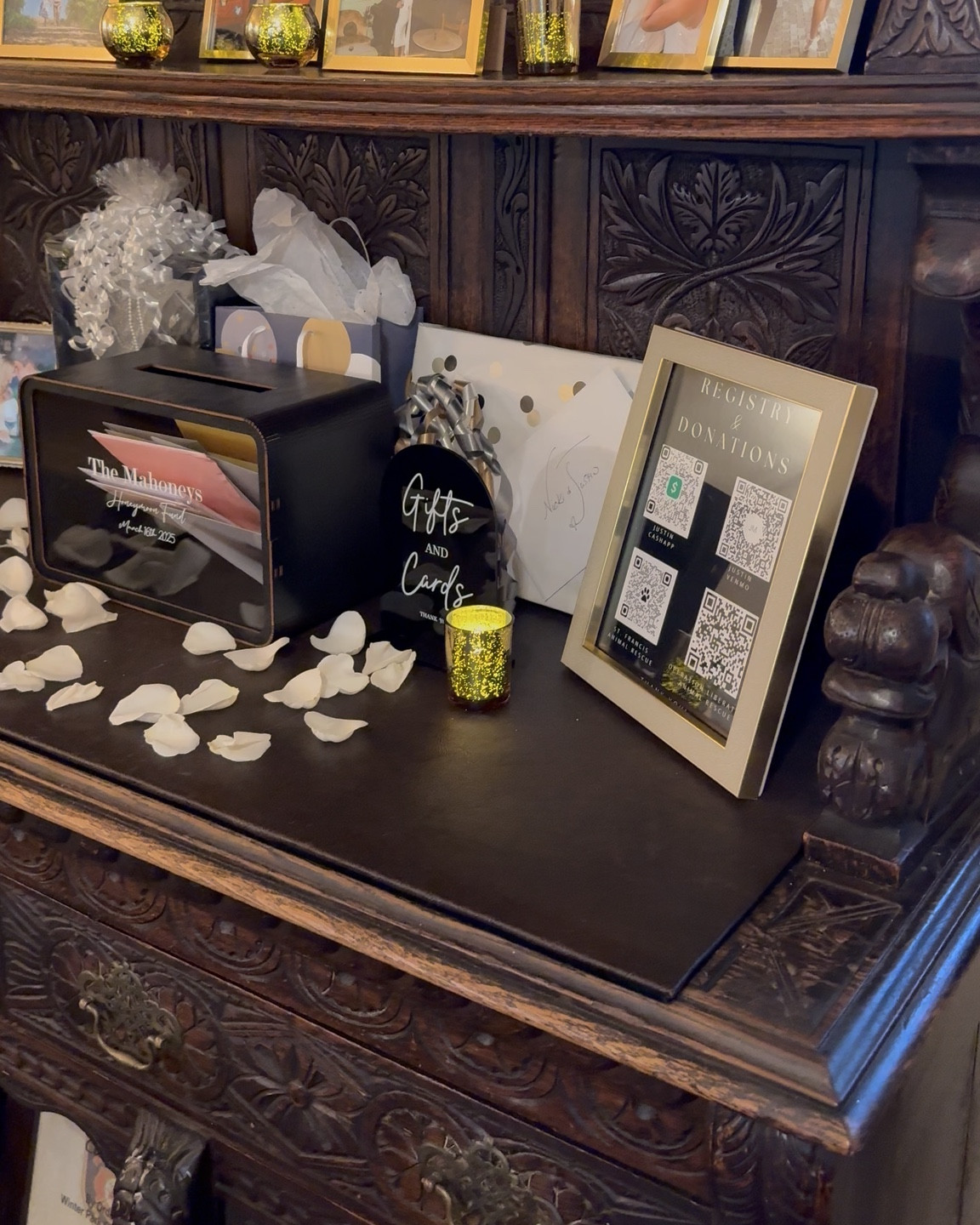 Simple, classic, timeless wedding gift station including a “honeymoon fund” gift box for the more traditional guests & a custom QR code sign for the other folks!🤍 

#LTKWedding