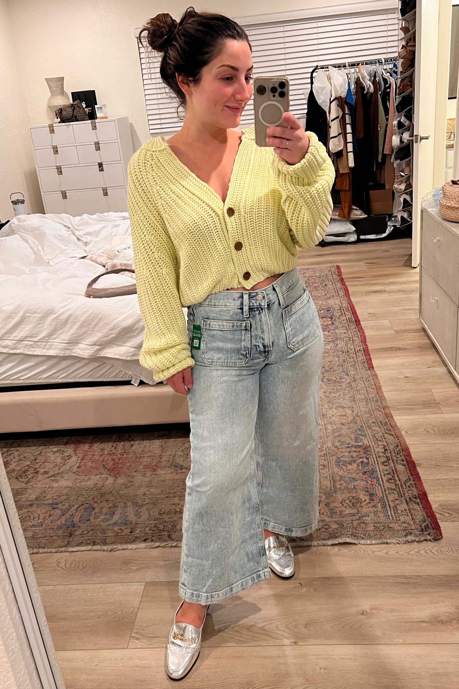 Jeans size 26 petite (if you’re between sizes then size down) i normally wear a 27!
Cardigan size XL
Silver loafers which are sooo comfortable!! Run TTS

Silver shoes, metallic shoes,
Cardigan, FP style, free people style

#LTKsalealert #LTKfindsunder50 #LTKstyletip