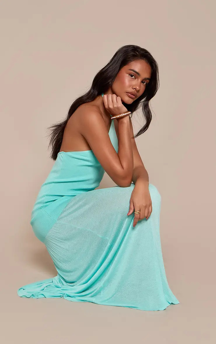 Turquoise Halterneck Dropped Waist Sheer Panel Knitted Maxi Dress | PrettyLittleThing UK