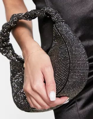 ASOS DESIGN crystal grab clutch bag with ruched handle in black | ASOS (Global)