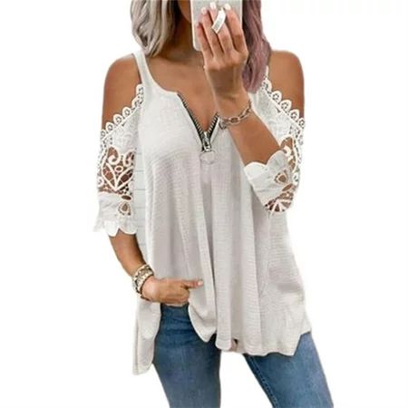 Tapsier Women Short Sleeve T-Shirt Cold Shoulder Tops Zip V Neck Shirts White 3XL | Walmart (US)