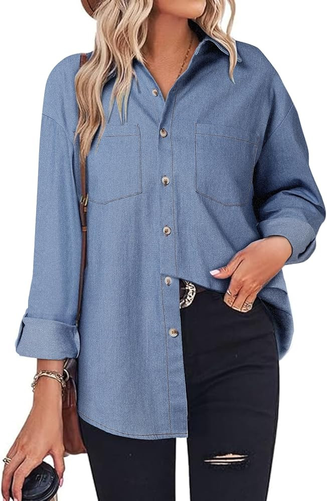 ZANZEA Denim Shirt Women Button Down Shirts Jean Western Chambray Shirt Oversized Long Sleeve Blo... | Amazon (US)