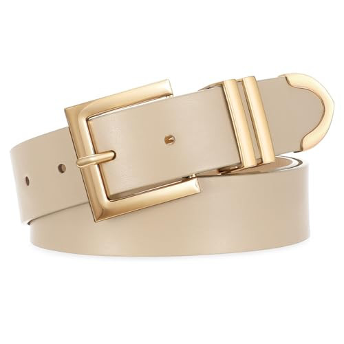 SUOSDEY Women's Leather Belt Fashion Waist belt for Jeans Pants or Dresses with Gold Buckle, 1.3" Wide Beige | Amazon (US)