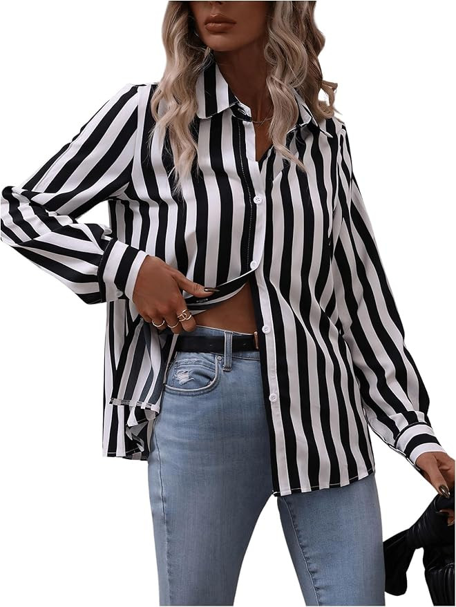 SweatyRocks Women's Long Sleeve Button Down Dressy Casual Collared Striped Blouse | Amazon (US)