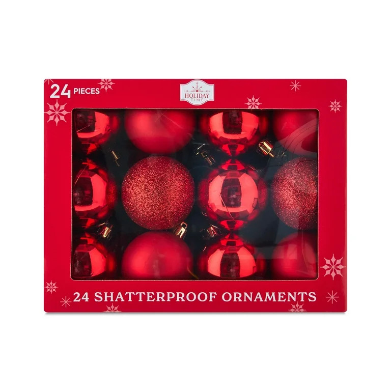 24-Count Red Shatterproof Multi-Textured Christmas Ornaments, 2.36 in, by Holiday Time | Walmart (US)