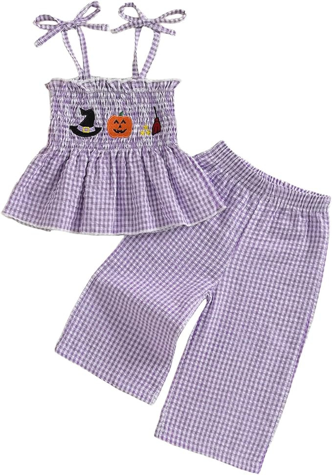 Kayotuas Halloween Toddler Girl Outfits Pumpkin Smocked Spaghetti Strap Tank Top Dress Gingham Pl... | Amazon (US)