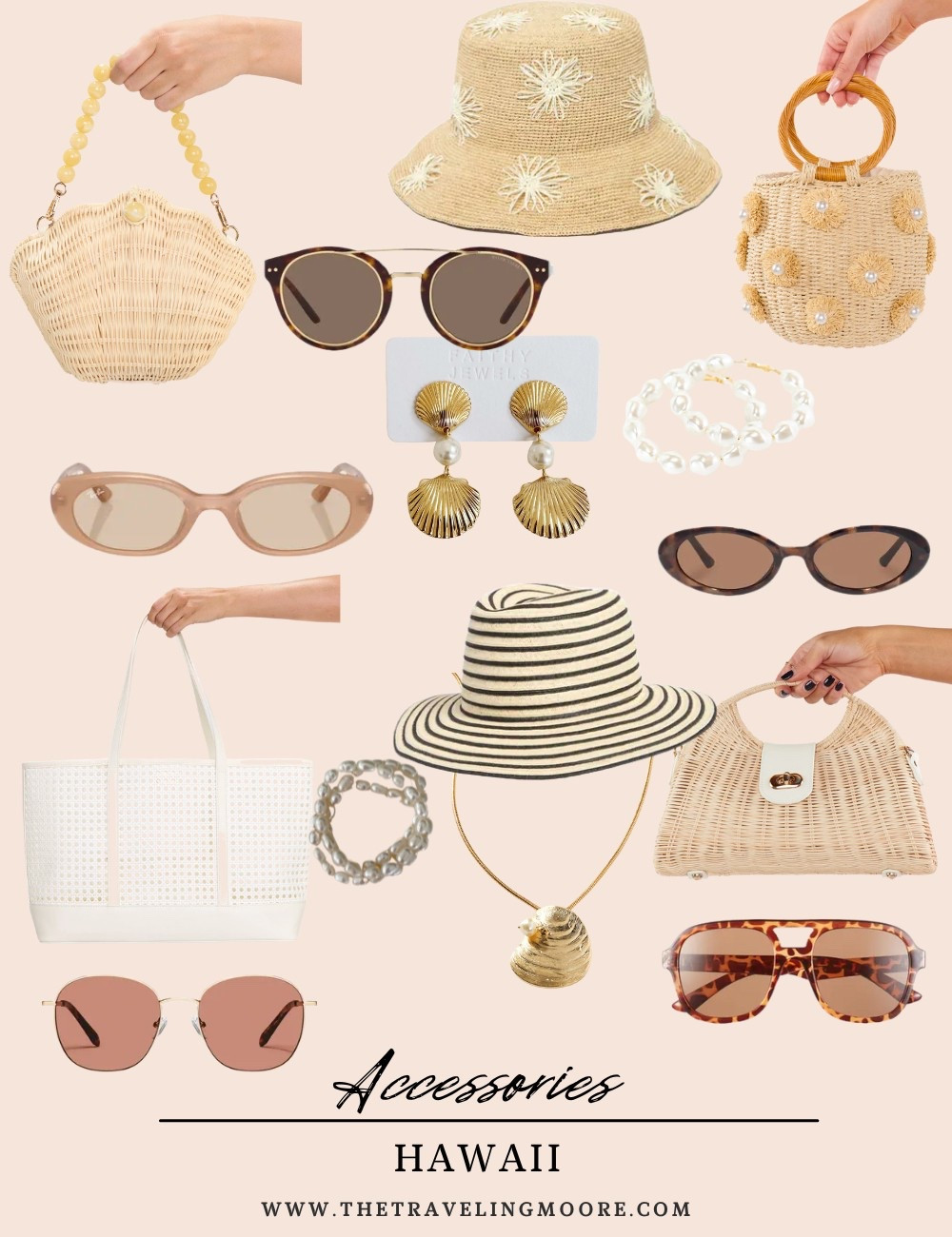 Accessories to wear in Hawaii - seashell jewelry, sun hats, sunglasses for a tropical vacation 

#LTKTravel