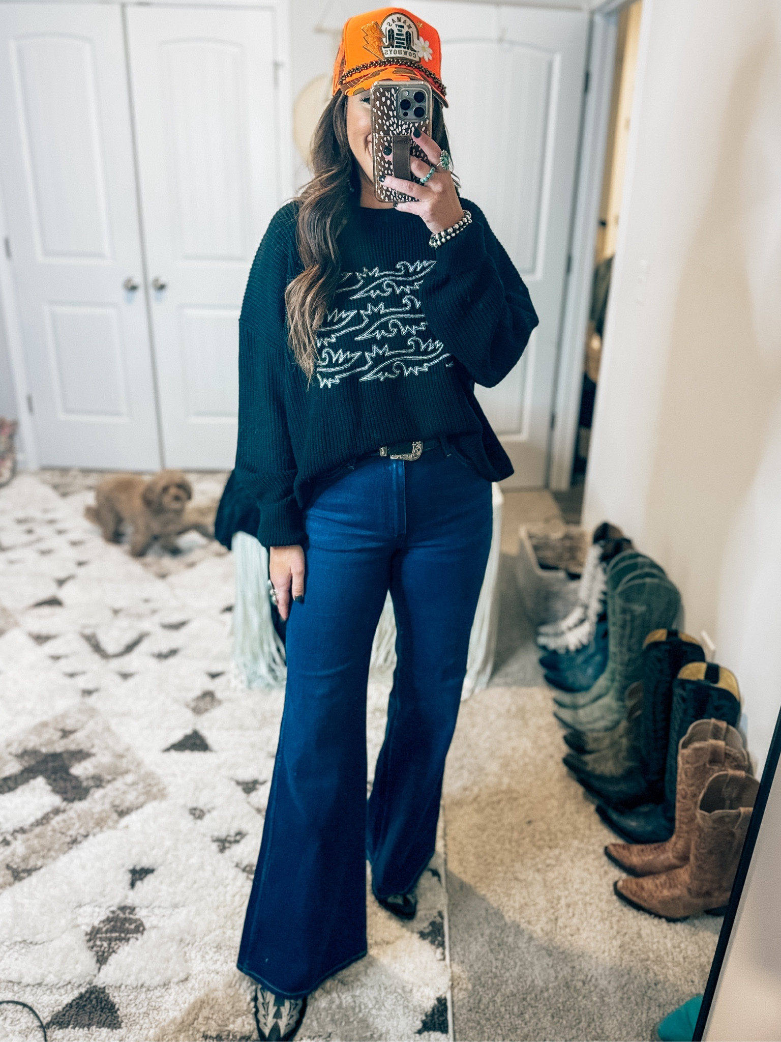 Western winter, outfit, sweater, Wrangler, wide, leg flare, jeans, dark denim, trucker, hat, custom, trucker hat, liberty, black, black, booties, cowgirl boots, Nashville outfit, teacher, outfit, work outfit. Business  casual.

#LTKworkwear #LTKplussize #LTKstyletip