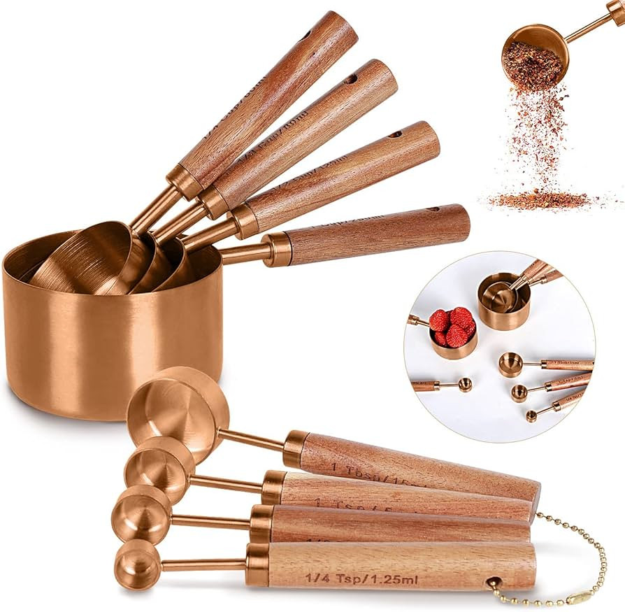 Collection 8 Piece Rose Gold Measuring Cups Set and Measuring Spoons, Golden With fragrant wood H... | Amazon (US)