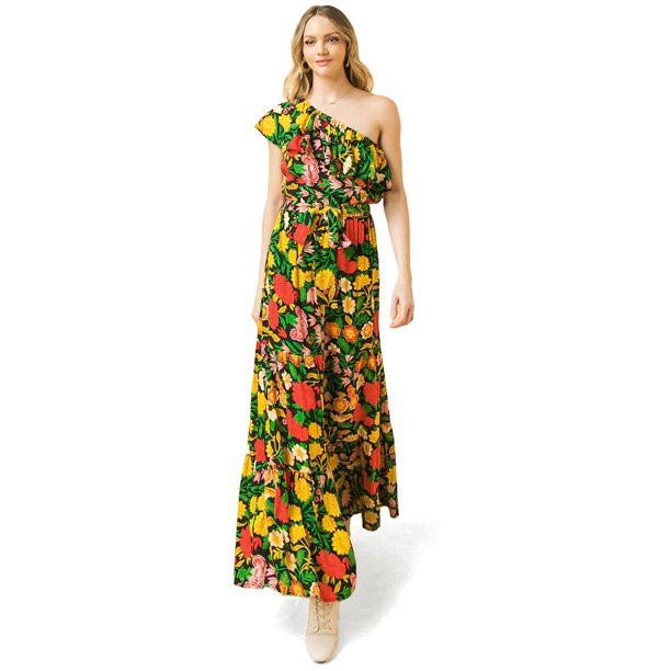 Flying Tomato Women's Bold Print One Shoulder Maxi Dress (M, Black) | Walmart (US)