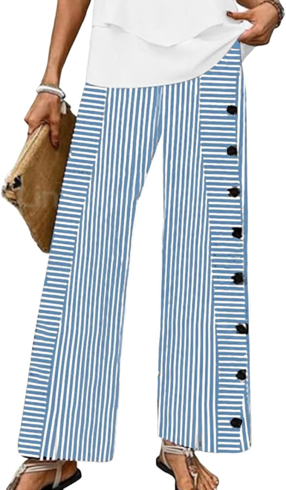 Womens Casual Loose Fit Striped Pants Wide-Leg Style with Side Buttons and Pockets 2025 Fashion | Amazon (US)