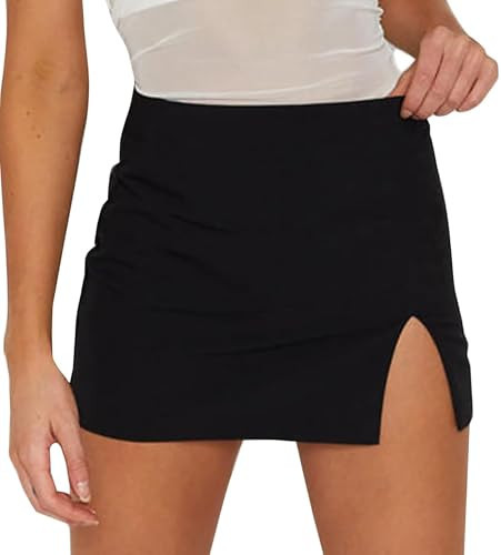 Mefija Women's Black Mini Skirts Sexy High Waisted Stretchy Slit Hem Bodycon Mini Skirt (M, Black-2) | Amazon (US)