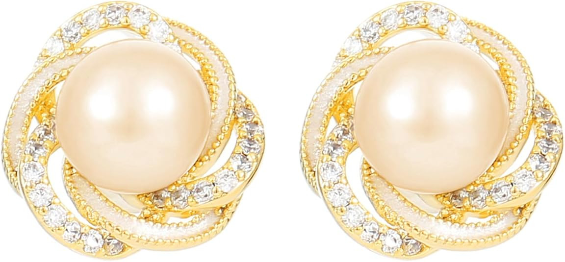 14K Gold Pearl Rhinestone Stud Earrings for Women Jewelry | Amazon (US)