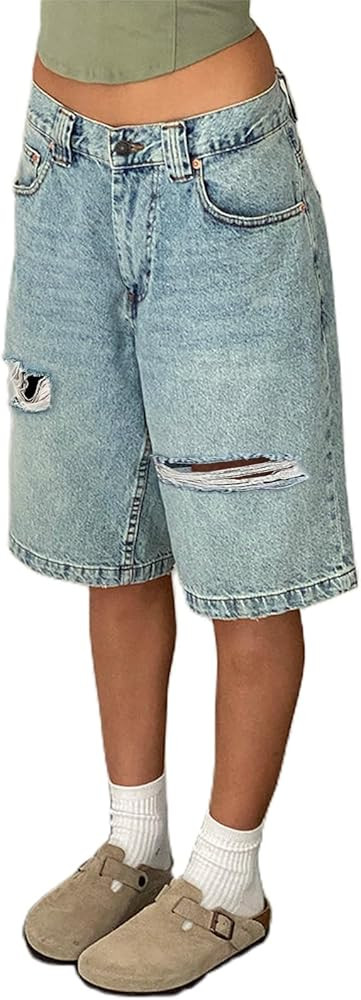 Women Y2k Denim Carpenter Shorts Vintage Low Waisted Wide Leg Baggy Jean Shorts with Pockets Retr... | Amazon (US)