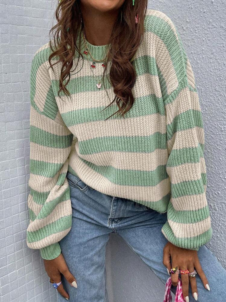 SHEIN ChicEase Women Casual Daily Two-Tone Striped Loose Fit Drop Shoulder Sweater | SHEIN