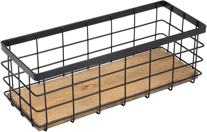 TIEYIPIN Farmhouse Small Metal Wire Storage Basket Bin, Rustic Home Storage Organizer with Wooden... | Amazon (US)