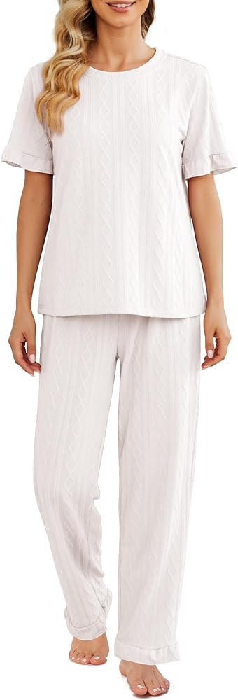 POKWAI Womens Pajama Sets Soft Short Sleeve Tops with Comfy Loose Long Pants 2 Piece Pj Set Ladie... | Amazon (US)