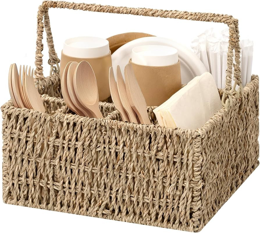 StorageWorks Wicker Silverware Organizer with Handle, Seagrass Kitchen Utensil Holder, Large Uten... | Amazon (US)