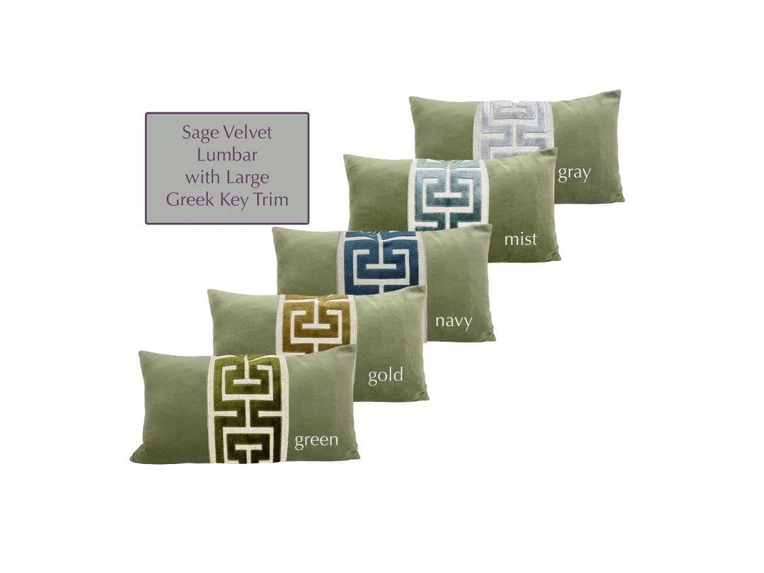 Sage Green Velvet Lumbar Pillow Cover with Large Greek Key Trim - SELECT TRIM COLOR | Etsy (US)