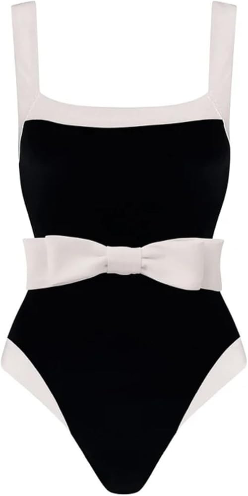 FLAXMAKER Bow Belted Black and White One Piece Swimsuit and Tassel Skirt | Amazon (US)