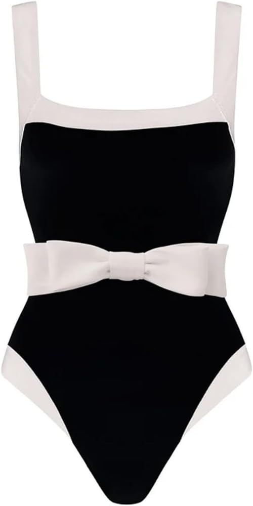 FLAXMAKER Bow Belted Black and White One Piece Swimsuit and Tassel Skirt | Amazon (US)