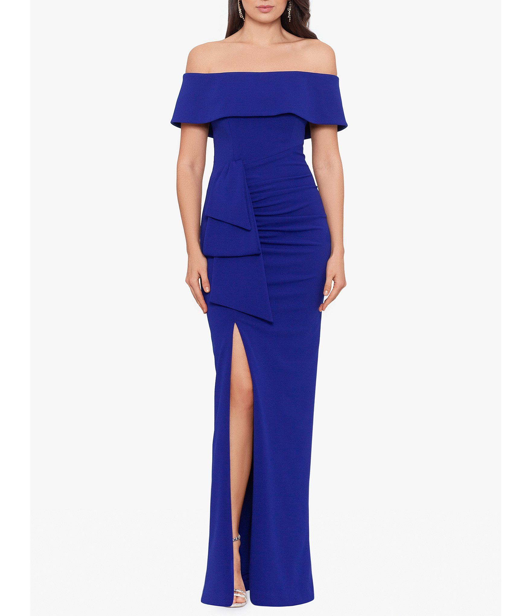 Petite Size Off-the-Shoulder Sleeveless Ruched Side Long Scuba Dress | Dillard's