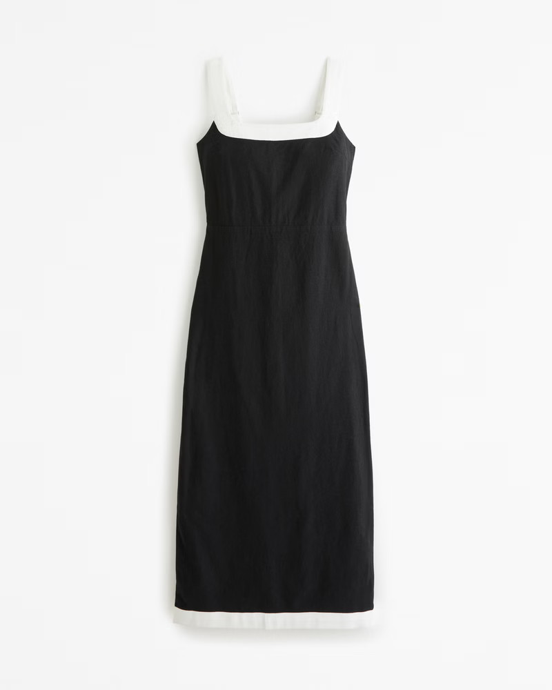Abercrombie & Fitch Women's Linen-Blend Squareneck Column Midi Dress in Black - Size XXS PETITE | Abercrombie & Fitch (US)