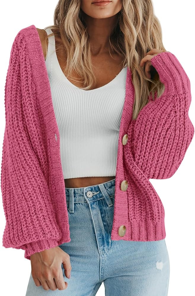 PRETTYGARDEN Women's Chunky Knit Open Front Sweater Long Sleeve Button Loose Short Cardigan Outer... | Amazon (US)