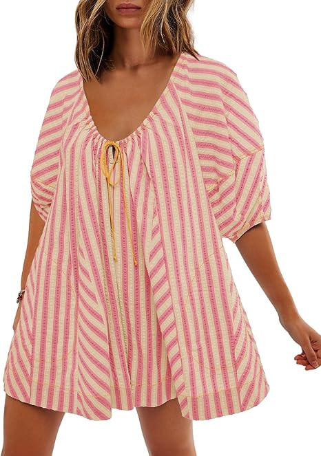 SENSERISE Womens Striped Romper Puff Sleeve Mini Shorts Romper Dress Beach Vacation Outfits with ... | Amazon (US)