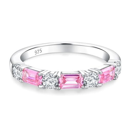 RANDES Pink Sapphire Rings for Women Half Eternity Band Sterling Silver 3mm Cubic Zirconia Wedding Bands October Birthstone Ring Size 8 | Amazon (US)