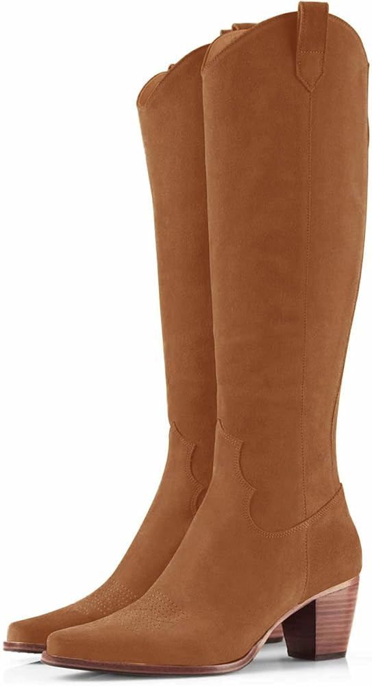 Women Cowboy Knee High Boots Chunky Block Heel Square Toe Tall Riding Boots | Amazon (US)
