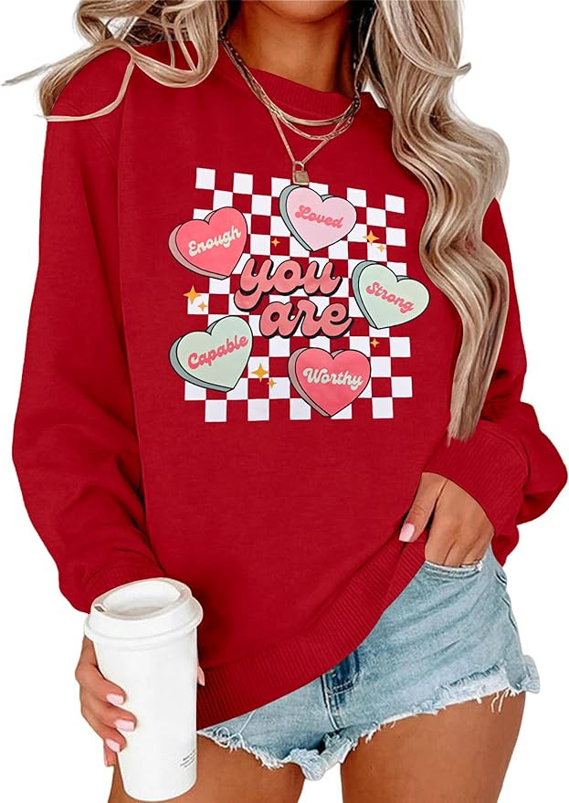 Teacher Valentines Day Sweatshirt Women Funny Cute Valentine Sweatshirt Candy Heart Graphic Pullo... | Amazon (US)