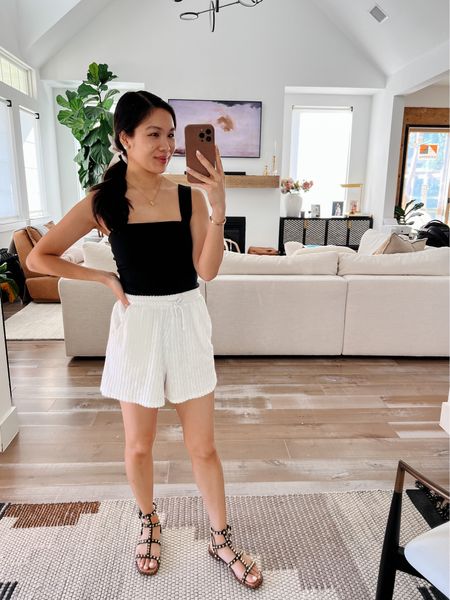 Summer outfit with a black bodysuit and terry shorts. Wearing size XS in both. Pairing with Steve Madden gladiator sandals. Would be perfect for a summer vacation  

#LTKSeasonal #LTKstyletip #LTKshoecrush
