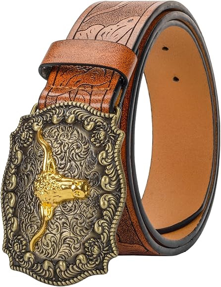 KorhLeoh Western Leather Cowboy Buckle Belt for Men Women Jeans Engraved Floral Longhorn Bull Texas  | Amazon (UK)