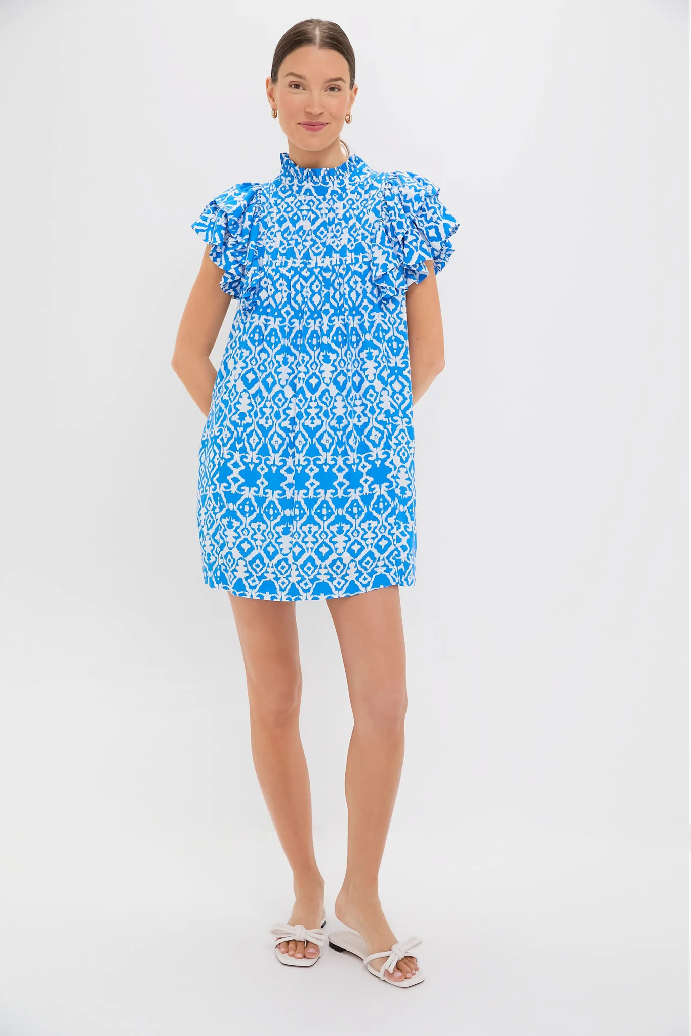 Blue & White Geo Ruffle Sleeve Simmons Mini Dress | Tuckernuck (US)