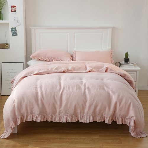 Simple&Opulence 100% Linen Duvet Cover Set, 3 PCS Natural French Flax Blush Pink Ruffle Duvet Cover Queen Size, Breathable Comfy Linen Bedding Comforter Cover with 2 Pillowcases(Blush Pink, 88" X 92") | Amazon (US)