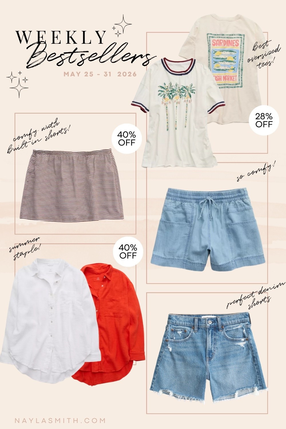 Weekly Bestsellers • striped mini skort with built in shorts (I wear L), oversized summer graphic tees (I wear L), pull on chambray shorts (I wear L), oversized button up shirts (I wear L), my fave denim shorts (I sized up to 32 for a looser comfy fit)

#LTKsummer #LTKstyletip #LTKsale