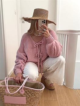 Women’s Bow Tie Oversized Sweater Y2k V Neck Knit Cardigan Cute Long Sleeve Pullover Top | Amazon (US)