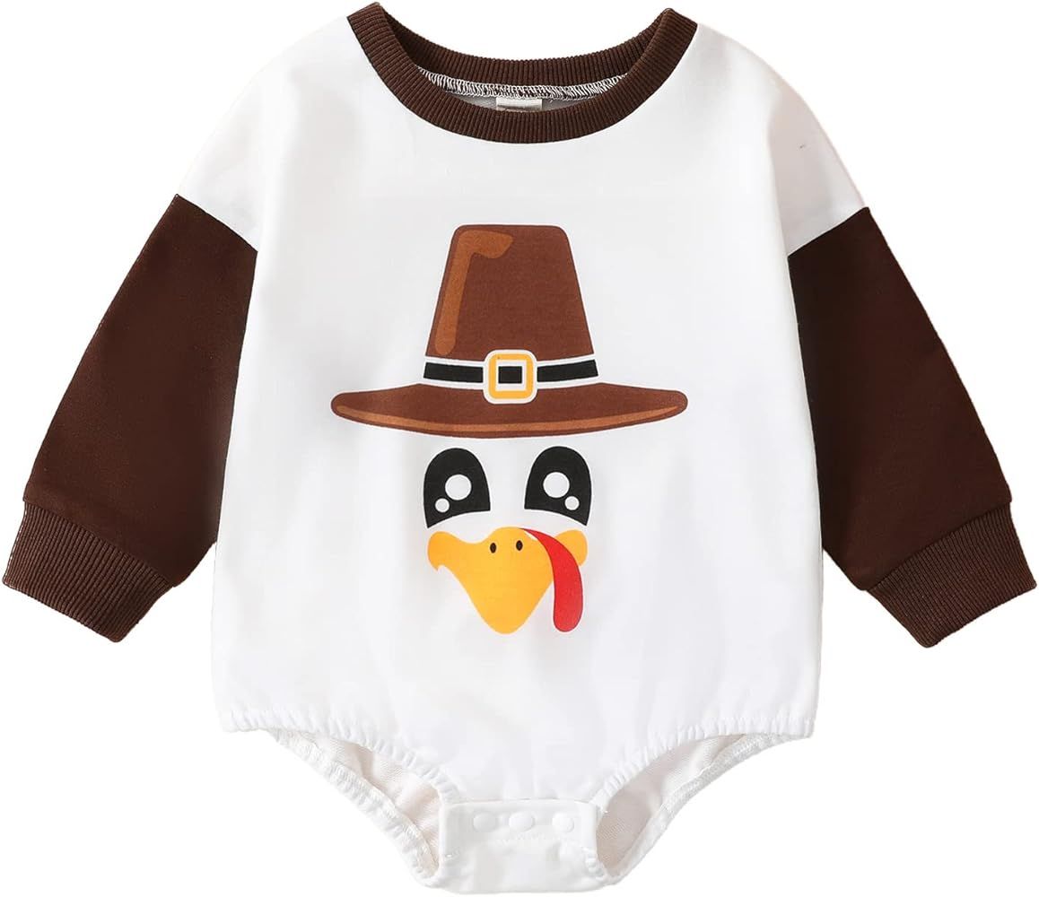 FIOMVA Baby Girl Boy Thanksgiving Outfit Crewneck Sweatshirt Long Sleeve Turkey Romper Oversized ... | Amazon (US)
