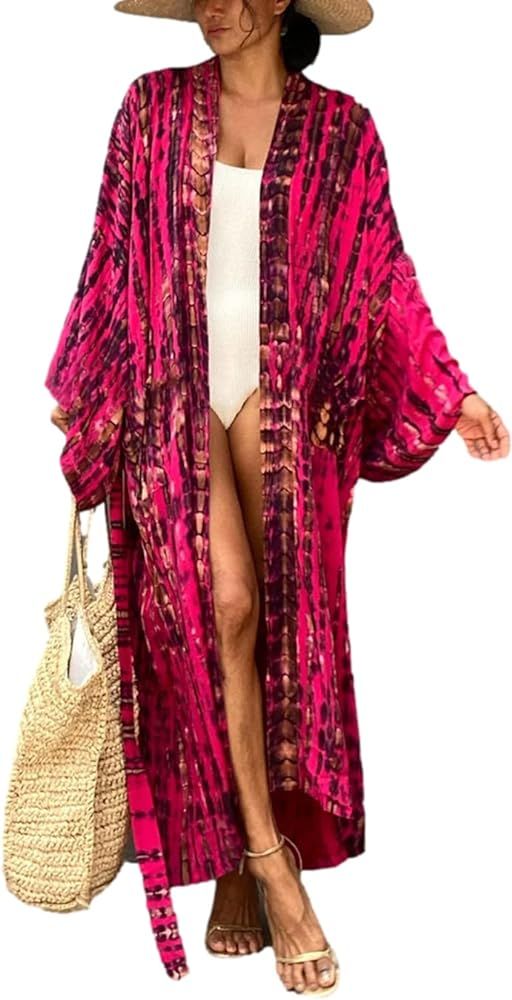 Women Long Beach Kimono Curve Hem Loose Open Front Tie Dye Bathing Suit Cover up | Amazon (US)