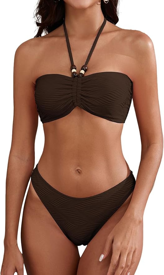 ZAFUL Women's Halter Bandeau Bikini Beaded Tie Back String Bikini Set Push Up Two Piece Swimsuit ... | Amazon (US)