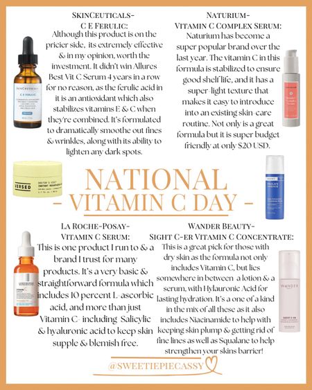 NATIONAL VITAMIN C DAY! ⛅️ 

National Vitamin C Day on April 4th each year & I’m here to share all the ways vitamin C nurtures and benefits our health, inside & out! Everything from serums, spf, masks & more, with everything from affordable to more luxury products (this is a good time to get them from Sephora tho!) We all need SPF every day,’ winter & shady included! Make sure to take a look at my ‘BEAUTY’ collection along with my ‘SKIN TALK’ highlight for more of my favourites!💫

#LTKxSephora #LTKfindsunder50 #LTKbeauty