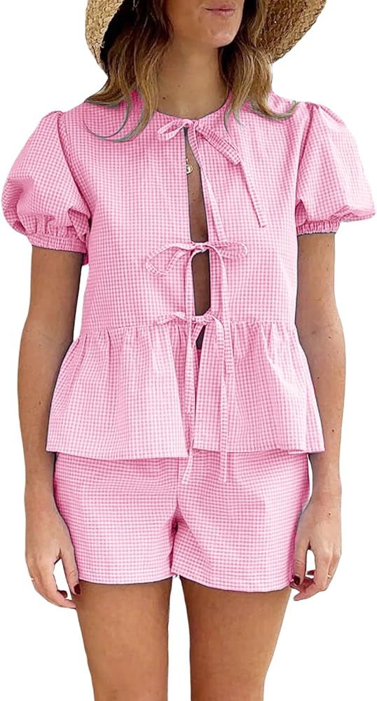 JINZIYINZI Y2k Womens 2 Piece Puff Sleeve Front Tie Blouse Tops Matching Gingham Boxer Shorts Set... | Amazon (US)