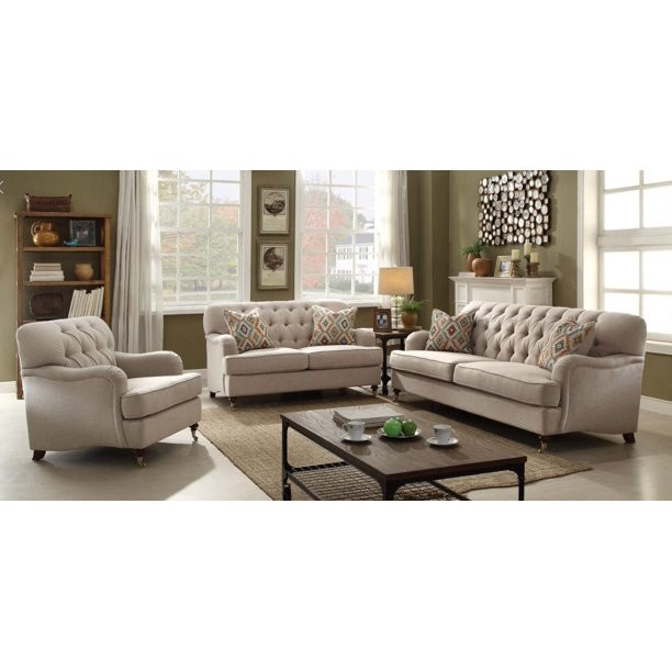 Button Tufted Beige Fabric Sofa Set 3Pcs Acme Furniture 52580 Alianza | Walmart (US)