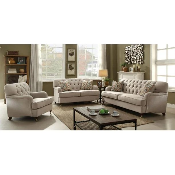 Button Tufted Beige Fabric Sofa Set 3Pcs Acme Furniture 52580 Alianza | Walmart (US)