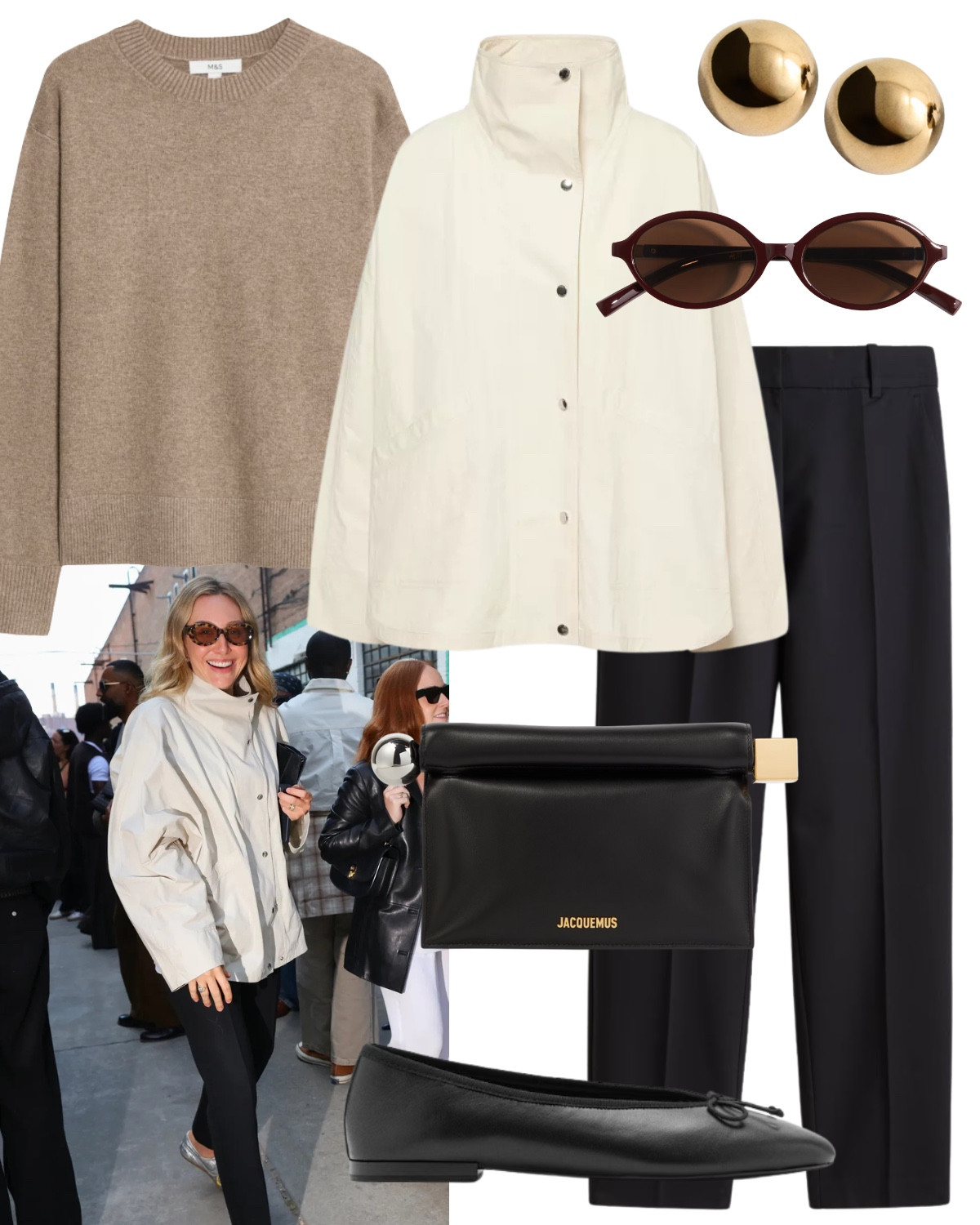 A look perfect for the office and the weekend!

Cream anorak jacket, brown knit jumper, gold ball earrings, black cigarette trousers, gold hardware clutch bag, oval sunglasses, ballet flats  

#LTKstyletip #LTKuk #LTKautumn