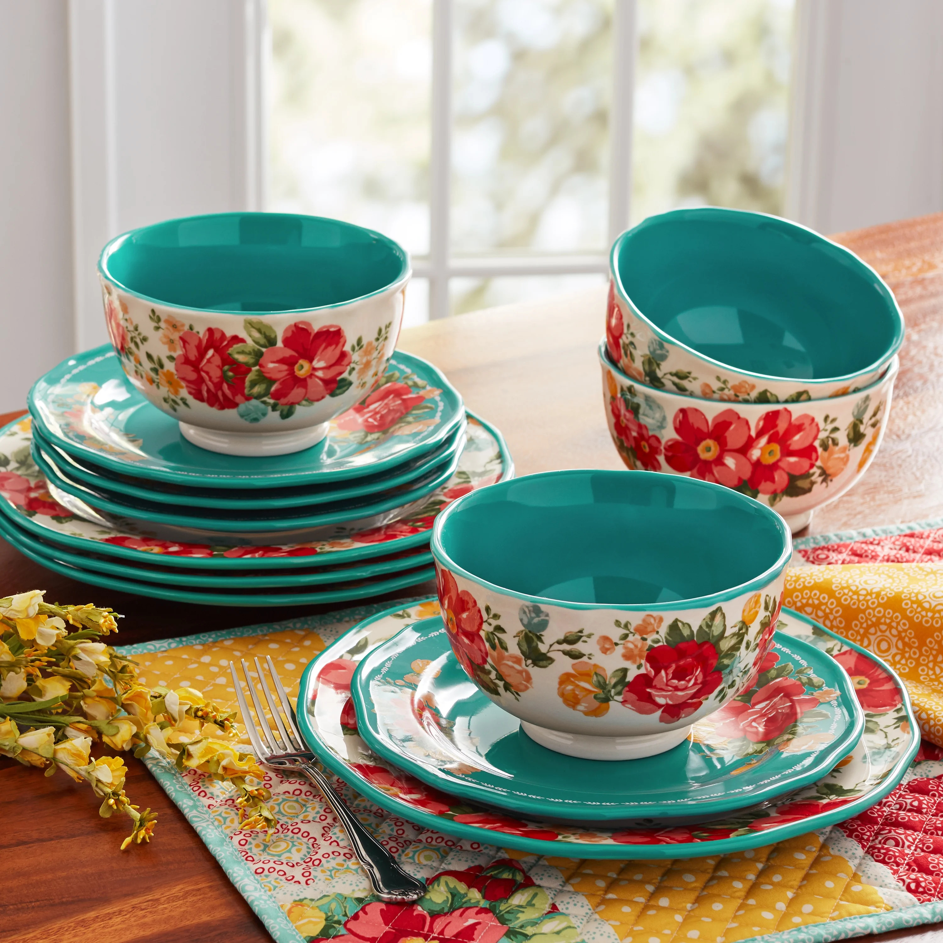 The Pioneer Woman Vintage Floral 12-Piece Dinnerware Set, Teal - Walmart.com | Walmart (US)