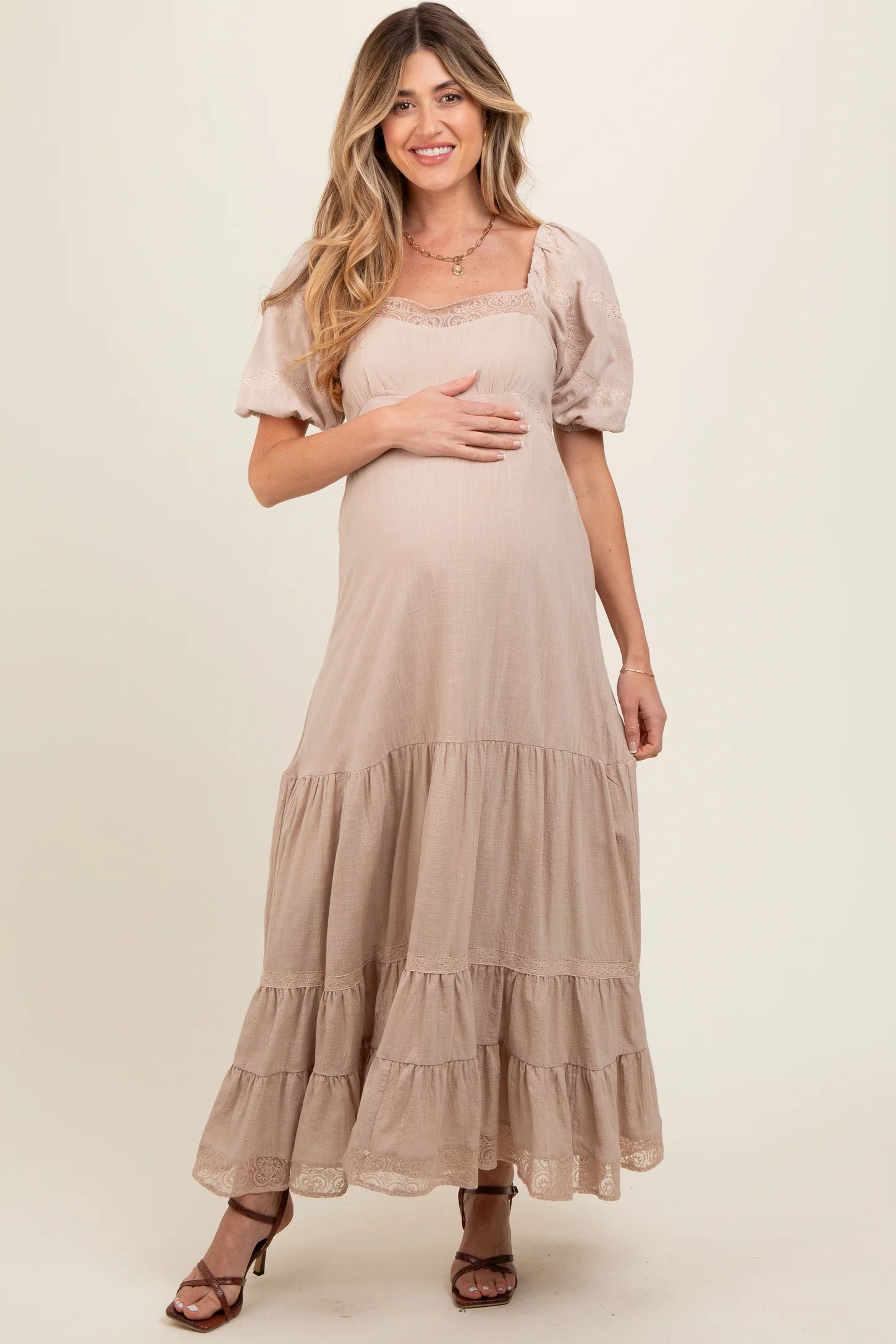 Beige Lace Insert Maternity Maxi Dress | PinkBlush Maternity