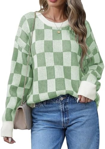 Women's Winter Oversized Sweaters Checkered Crewneck Color Block Batwing Long Sleeve Ribbed Knit ... | Amazon (US)
